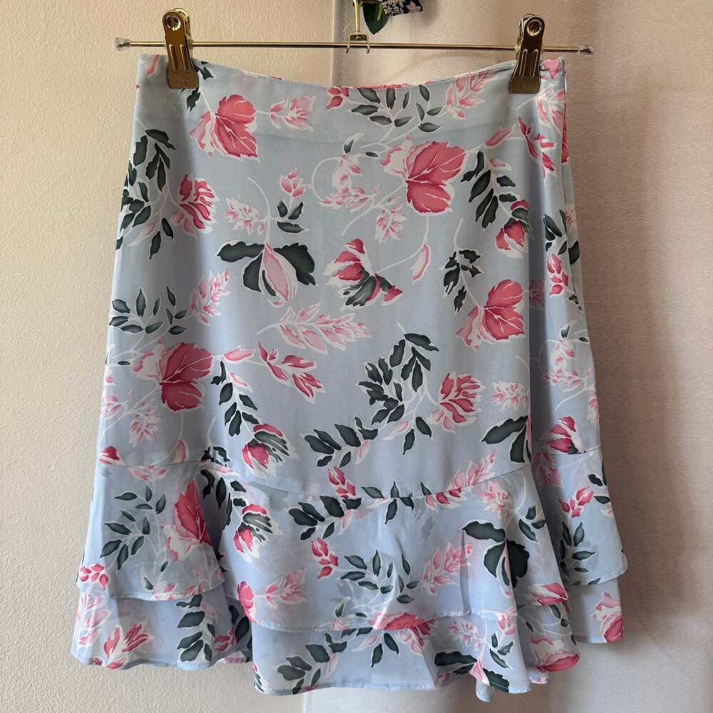 Women's Floral High-Low Elastic Waist Ruffle Hem Flowy Midi Chiffon Skirt